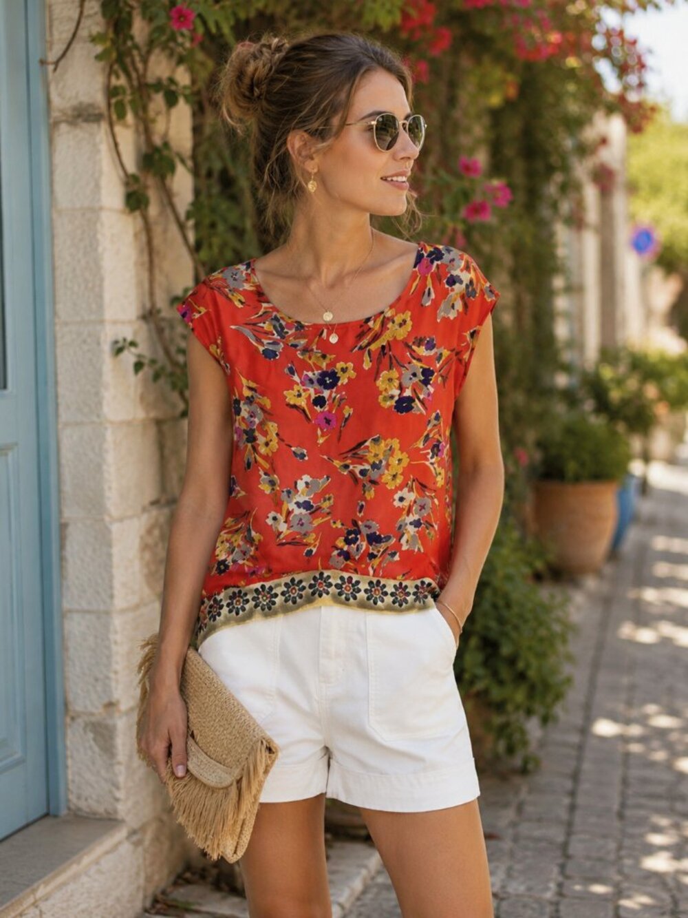 Anthropologie Edme & Esyllte Red Blue Floral Silk Top